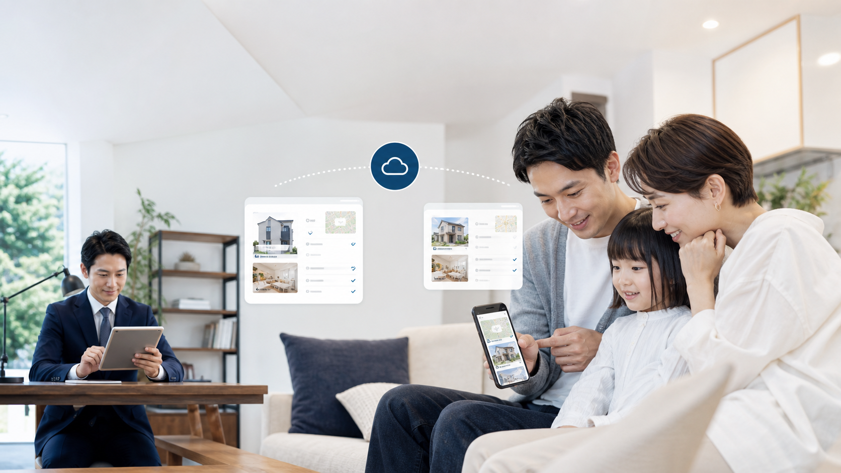 家族と不動産会社の担当者が住まいの候補を確認している様子
